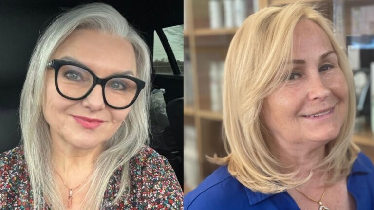 23+ Timeless Medium Haircuts for Women Over 60 with Round Faces That Stay in Style A side-by-side comparison of two women showcasing a sleek, side-parted silver-grey shoulder-length style on the left and a warm honey-blonde layered lob with face-framing feathered bangs on the right.