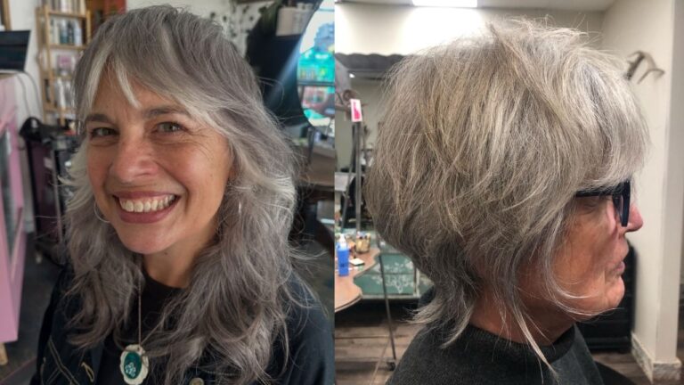 25+ Trendy Shag Hairstyles for Women Over 60 That Work for All Hair Types Two women display trendy shag hairstyles for women over 60, featuring a long, flowing silver shag with feathered layers and curtain bangs on the left and a short, textured grey shag with voluminous crown layers on the right.