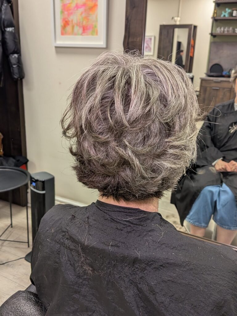 A back view of a woman with a voluminous layered salt-and-pepper bixie cut featuring subtle lilac undertones and a tapered nape.