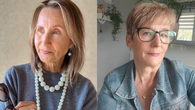 A side-by-side comparison of a woman showcasing two different hairstyles: a shoulder-length layered cut with light brown highlights on the left, and a short, textured pixie cut in a similar warm tone on the right.