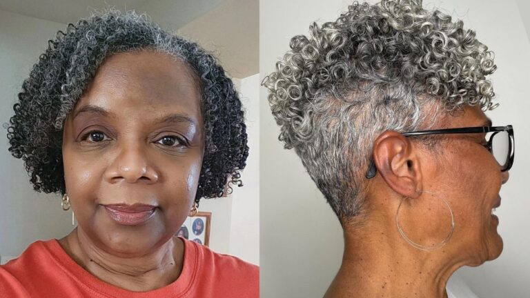 The image displays two side-by-side photos of women showcasing short, salt-and-pepper curly hair, with one featuring a soft chin-length bob and the other a tapered pixie cut with tight silver ringlets.