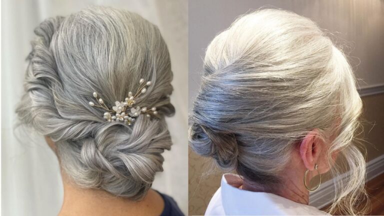 18+ Sophisticated Updos for Women Over 60 That Are Perfect for Formal Occasions The image features two side-by-side photos of women with elegant grey hair styled into sophisticated updos, one showcasing a low braided bun adorned with a pearl floral pin and the other a classic French twist with face-framing tendrils.