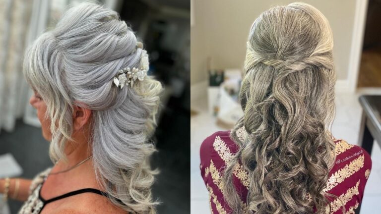 Wedding Hairstyles for Women Over 60 That Feel Truly Beautiful Two women showcase elegant wedding hairstyles for women over 60, featuring a polished silver updo with soft, voluminous curls on the left and a sophisticated blonde half-up style with refined waves on the right.