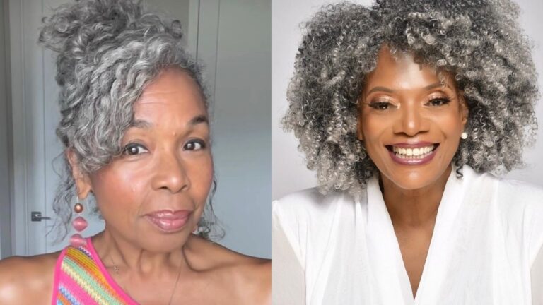 A side-by-side comparison displays two elegant silver hairstyles, featuring a voluminous, natural-textured afro on the left and a sophisticated updo with intricate flat twists on the right.