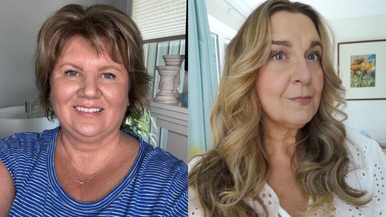 20+ Flattering Hairstyles for Women Over 60 with Double Chins to Slim Your Face Two side-by-side portraits displaying honey-toned blonde hairstyles, featuring a textured short cut with wispy bangs and a long, layered look with soft, voluminous curls.