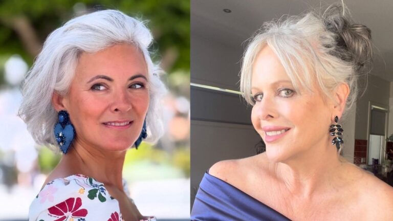 A side-by-side comparison displays two modern casual hairstyles, featuring a voluminous grey pixie cut with soft textured layers on the left and a chin-length silver bob with subtle waves and a side part on the right.