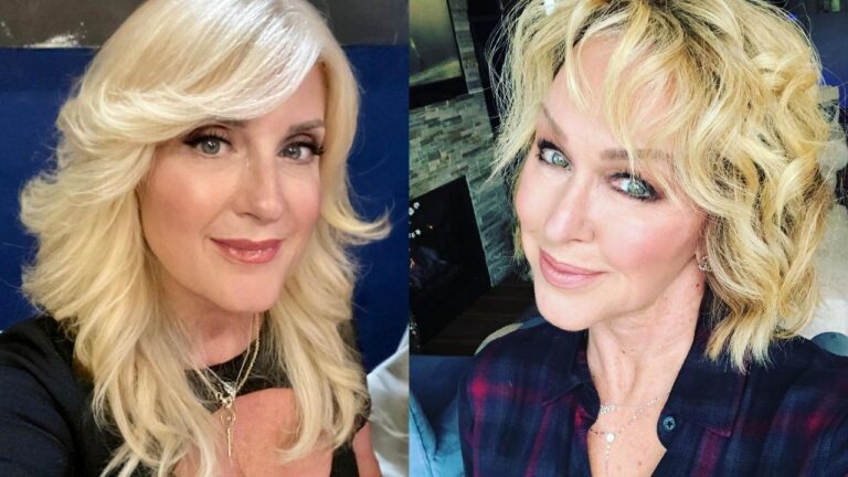 22+ Stunning Blonde Hairstyles for Women Over 60 to Try This Year Two side-by-side portraits featuring blonde hairstyles, with one woman wearing long layered waves and side-swept bangs, while the other has a chin-length textured bob with tousled curls.