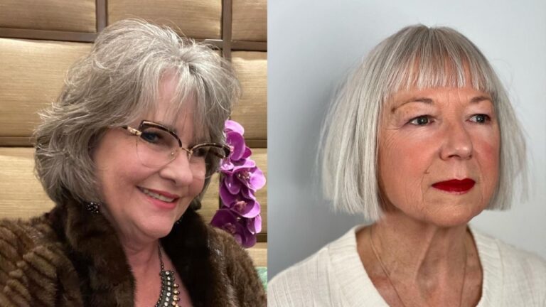 A side-by-side comparison displays two stylish bob haircuts for fine hair, featuring a soft, layered grey bob with feathered bangs on the left and a sleek, chin-length silver blunt bob with straight-across fringe on the right.