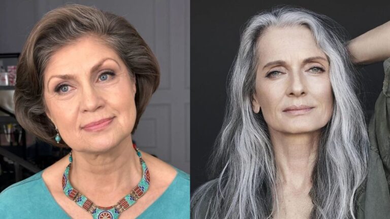 23+ Sophisticated Hairstyles for Women Over 60 with Square Faces to Enhance Your Features A side-by-side comparison of two women showing a voluminous, side-parted ash-brown bob on the left and long, flowing natural grey hair with soft waves on the right.