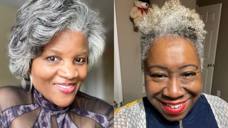 23+ Sophisticated Short Hair Ideas for Black Women Over 60 to Inspire Your Next Cut Two side-by-side portraits displaying short grey hairstyles, with one woman sporting a voluminous feathered bob and the other wearing a tight, naturally textured salt-and-pepper crop.