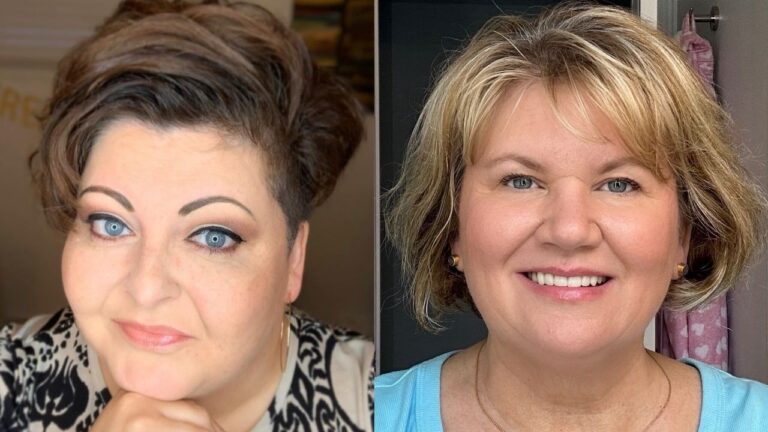 24+ Elegant Hairstyles for Plus-Size Women Over 60 for a Polished, Slimming Look A side-by-side comparison of two women featuring a bold, voluminous brunette pixie with shaved sides on the left and a soft, chin-length blonde bob with layered, wispy bangs on the right.