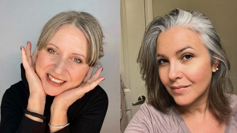 Ear-length hairstyles featuring a soft center-parted updo with face framing pieces and a smooth side parted silver blend bob.