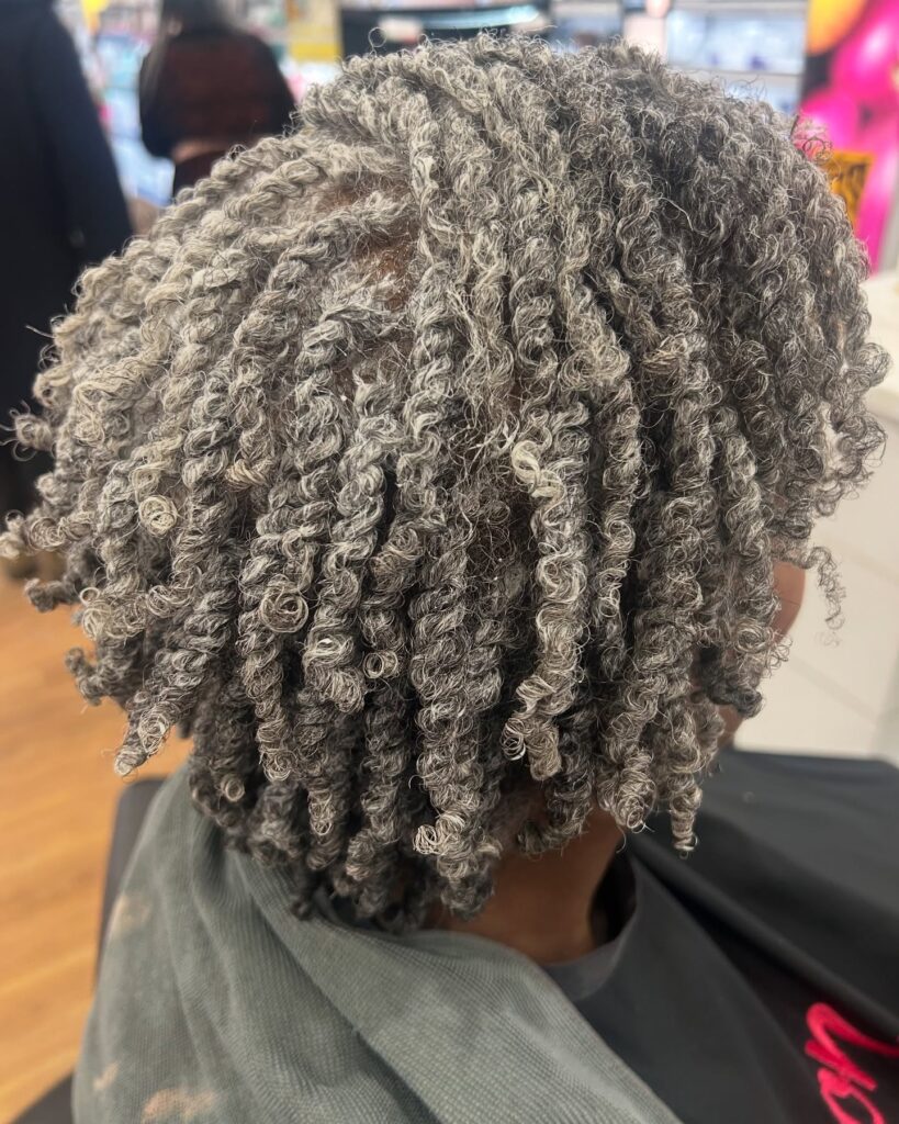 A close-up back view of a woman with short natural silver finger twists that fall into a bob shape.