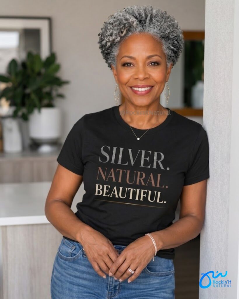 A woman over 60 with a stylish tapered natural hairstyle featuring soft silver-and-black curls.