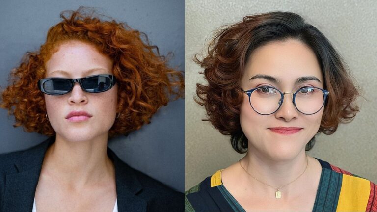 19 Curly Bob Hairstyles Side Part Looks To Change Up Your Style A side-by-side comparison of two short, curly hairstyles, featuring a voluminous, bright copper-red curly bob on the left and a sophisticated, dark auburn wavy bob paired with round glasses on the right.