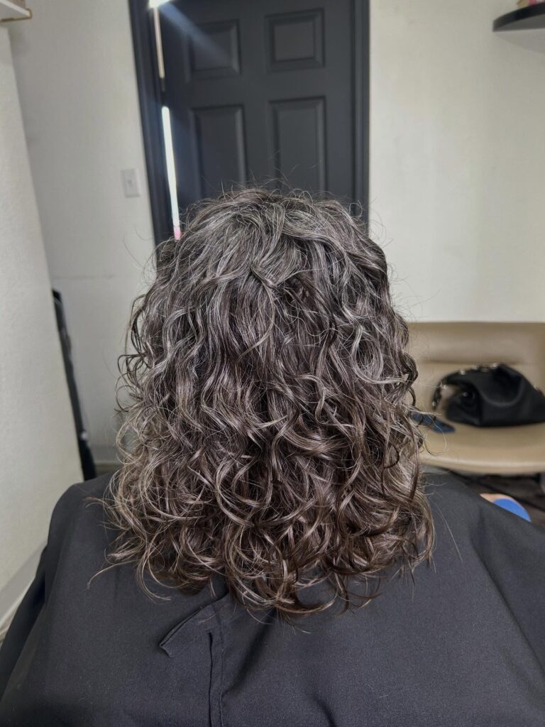 A back view of a shoulder-length choppy curly bob hairstyle featuring salt and pepper hair color with bouncy texturized layers.
