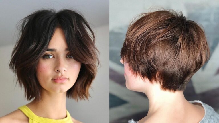 19 Trendy Layered Bob Hairstyles for Young Women With Lively Volume Side by side layered bob hairstyles featuring a tousled wavy brunette bob in the front view and a stacked brunette pixie bob with tapered layers in the back view.