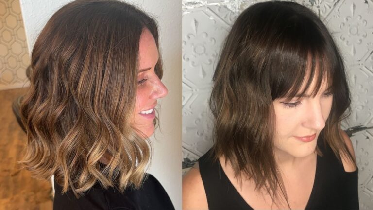 Two women showcase chic brunette hairstyles, featuring a center-parted lob with sun-kissed balayage waves on the left and a textured shoulder-length cut with soft, wispy bangs on the right.