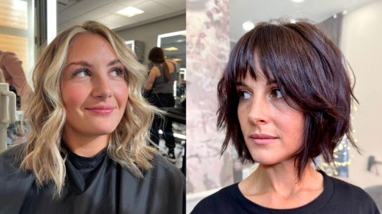 20 Chic Choppy Bob Hairstyles With Bangs That Frame Softly A side-by-side salon photo showing two choppy bob hairstyles: a wavy blonde lob on the left and a dark auburn choppy bob with curtain bangs on the right.