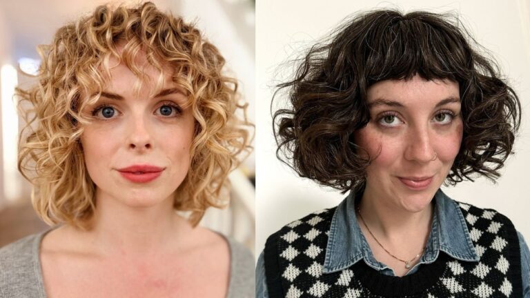 20 Curly Bob Hairstyles With Bangs To Frame Your Face Beautifully Two women showcase chic curly hairstyles, featuring a voluminous honey-blonde bob with defined spiral curls and ringlet bangs on the left and a textured dark brunette bob with soft waves and short, choppy fringe on the right.