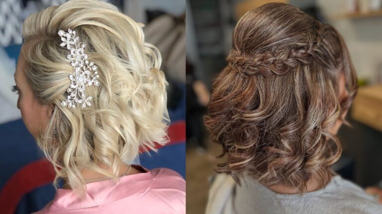 20 Curly Bob Wedding Hairstyles Made For Romantic Moments Two elegant short hairstyles are shown from a back-side view, featuring a side-swept blonde bob accented with a sparkling floral hair clip on the left and a sophisticated brunette half-up style with a braided crown and voluminous curls on the right.