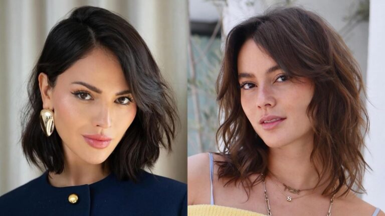 20 Cute Choppy Bob Hairstyles Short With Natural Bounce A side-by-side comparison of two choppy bob hairstyles, both featuring dark brunette hair at chin to shoulder length with soft waves and textured ends — one sleek and polished, the other tousled and effortlessly casual.