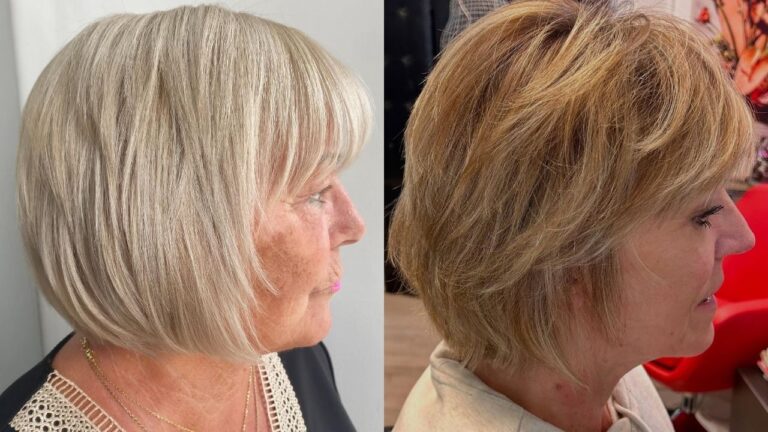 20 Gentle Choppy Bob Hairstyles Over Sixty With Light Body Two women showcase stylish layered haircuts, featuring a sleek ash-blonde bob with wispy bangs on the left and a textured, voluminous golden-blonde crop with soft, feathered layers on the right.
