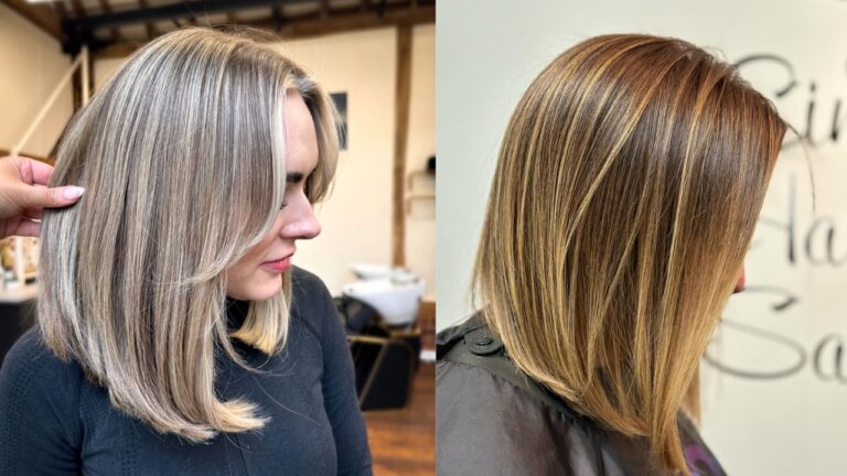 20 Long Bob Hairstyles Sleek and Straight for a Polished Finish Two sleek straight long bob hairstyles with soft layers and blonde tones, one cool ash blonde and one warm honey blonde, both styled smooth with face framing pieces.