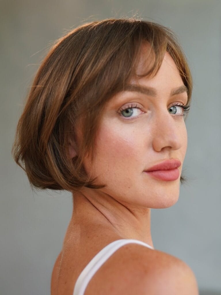 Soft brunette long bob with natural curtain bangs and smooth rounded shape.