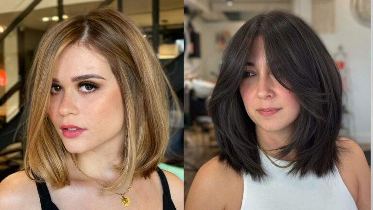 Two women with shoulder length long bob hairstyles, one sleek blonde with a side part and one layered dark brunette with soft curtain bangs.