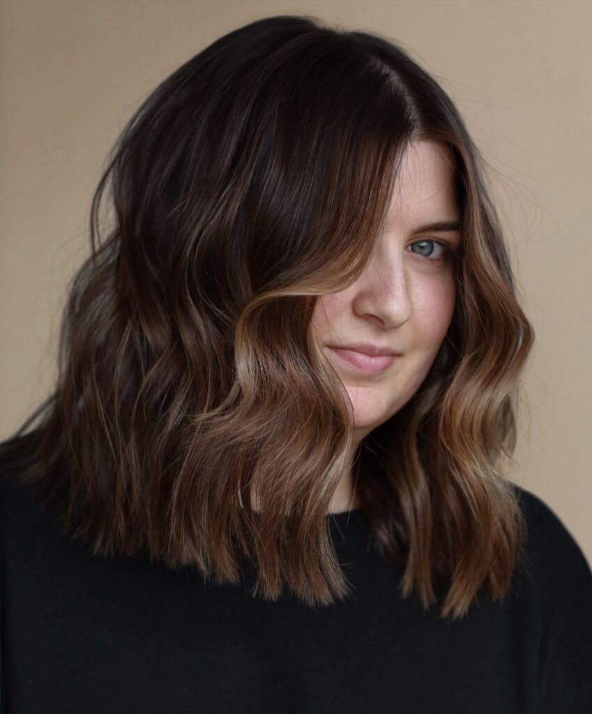 A woman with a shoulder-length brunette lob styled in soft beachy waves with subtle warm caramel balayage highlights.