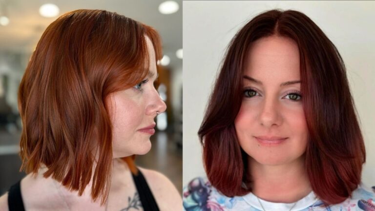 21 Fiery Choppy Bob Hairstyles Red For Bold Warmth Side-by-side comparison of two fiery red choppy bob hairstyles, one a bright copper-auburn with wispy bangs and textured ends, the other a deeper burgundy-red with a center part and soft, face-framing layers.