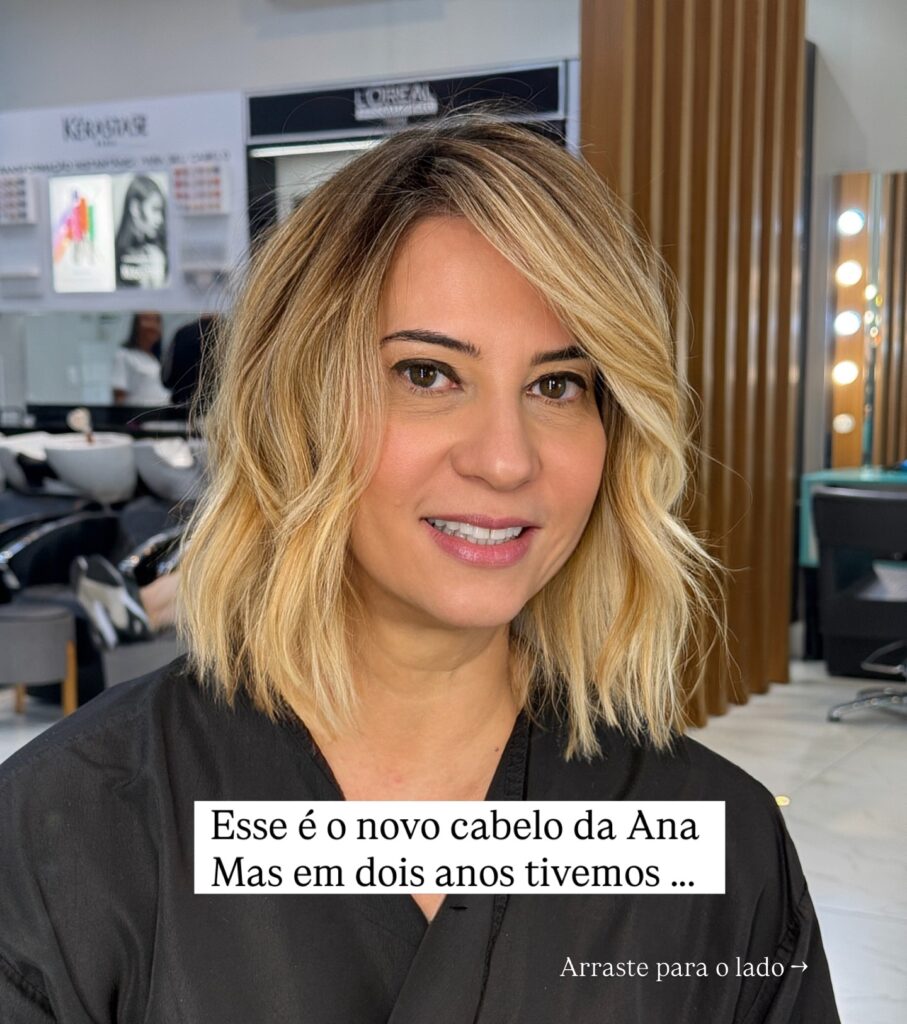 A tousled blonde long bob with soft layers and natural looking waves.
