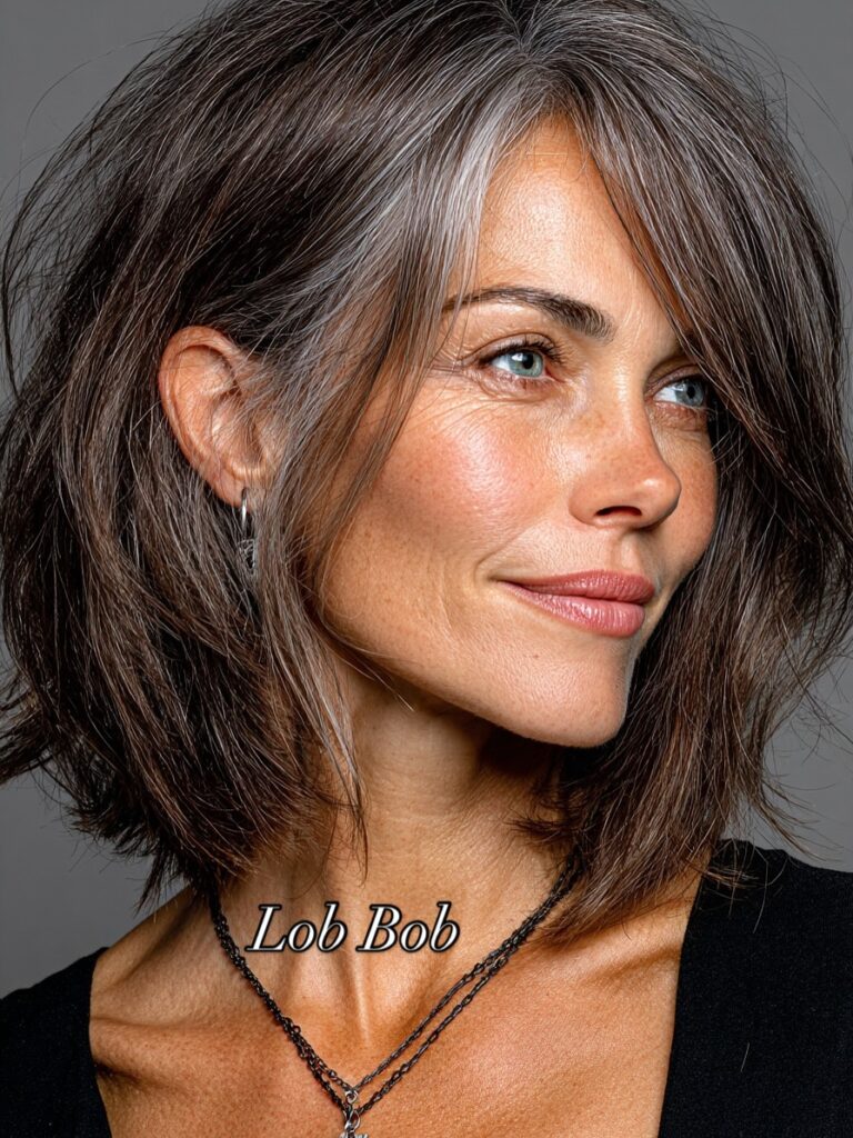 A layered brunette lob with side swept volume and soft highlights.