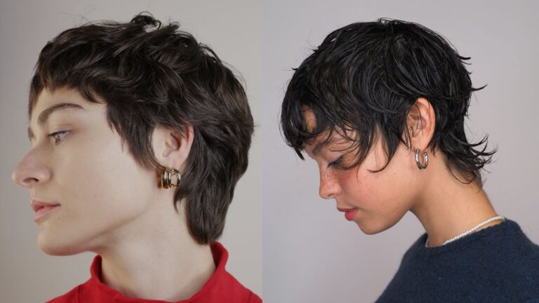 Two dark textured pixie hairstyles with soft layered movement, wispy fringe pieces, and slightly longer tapered backs.