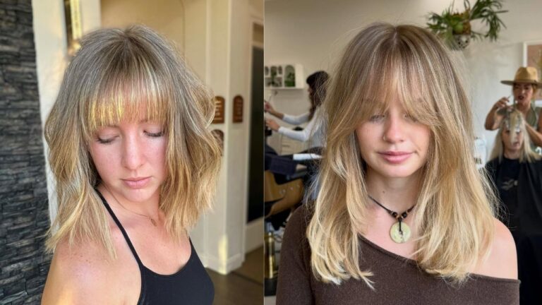 Two side-by-side photos showcasing blonde long bob hairstyles with bangs — the left featuring a choppy, textured bob with wispy fringe, and the right showing a longer, sleeker lob with full curtain bangs.