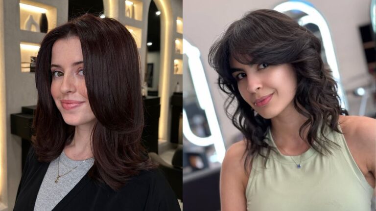 22 Long Bob Hairstyles for Oval Faces That Flatter Every Angle Side by side long bob styles featuring a smooth layered blowout and a softly textured wavy lob with light fringe.