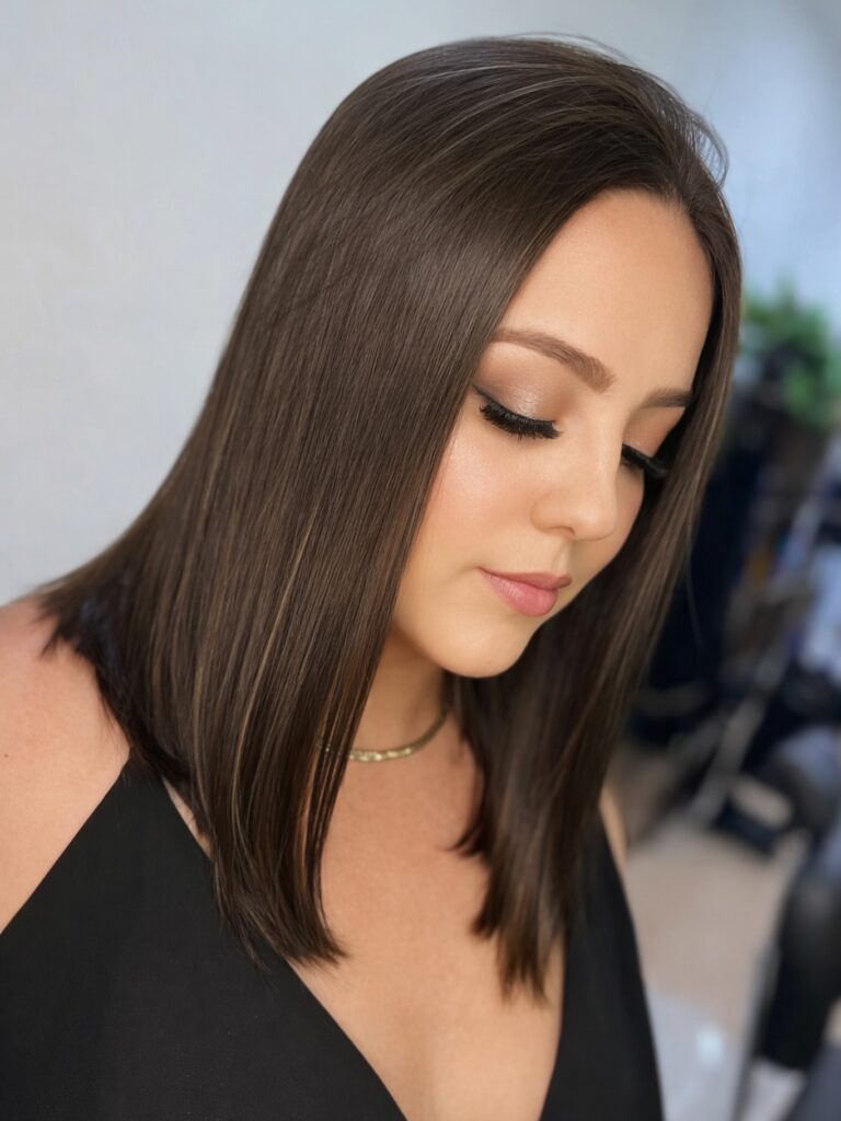 Straight brunette lob with a sleek finish and subtle layers.