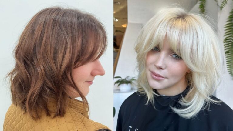 22 Modern Choppy Bob Hairstyles With Layered Movement Two side-by-side photos showcasing modern choppy bob hairstyles — one a brunette textured lob with wispy curtain bangs viewed from the side, and the other a platinum blonde layered bob with full fringe bangs shown from the front.