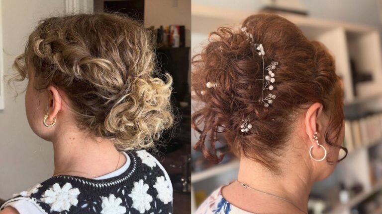 23 Curly Bob Updo Hairstyles For Special Days And Nights A side-by-side comparison of two curly updos, featuring a textured blonde low bun with a side braid on the left and a voluminous auburn updo adorned with delicate pearl and crystal hair accessories on the right.