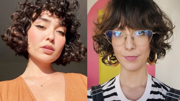 23 Curly French Bob Hairstyles Straight Out Of Parisian Dreams A side-by-side comparison of two short, curly brunette hairstyles, featuring a voluminous bob with tight curls and full bangs on the left and a soft, wavy bob with wispy bangs and cat-eye glasses on the right.