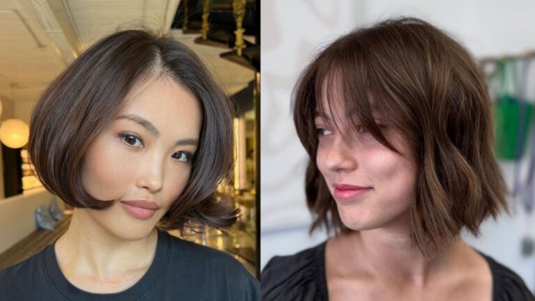 23 Face Brightening Choppy Bob Hairstyles Chin Length A side-by-side comparison of two chin-length choppy bob hairstyles in dark brown, one sleek and blunt with a center part, the other textured and wavy with wispy side-swept bangs.