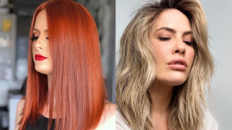 Side by side long bob styles featuring a sleek straight copper lob and a layered textured blonde lob with volume.
