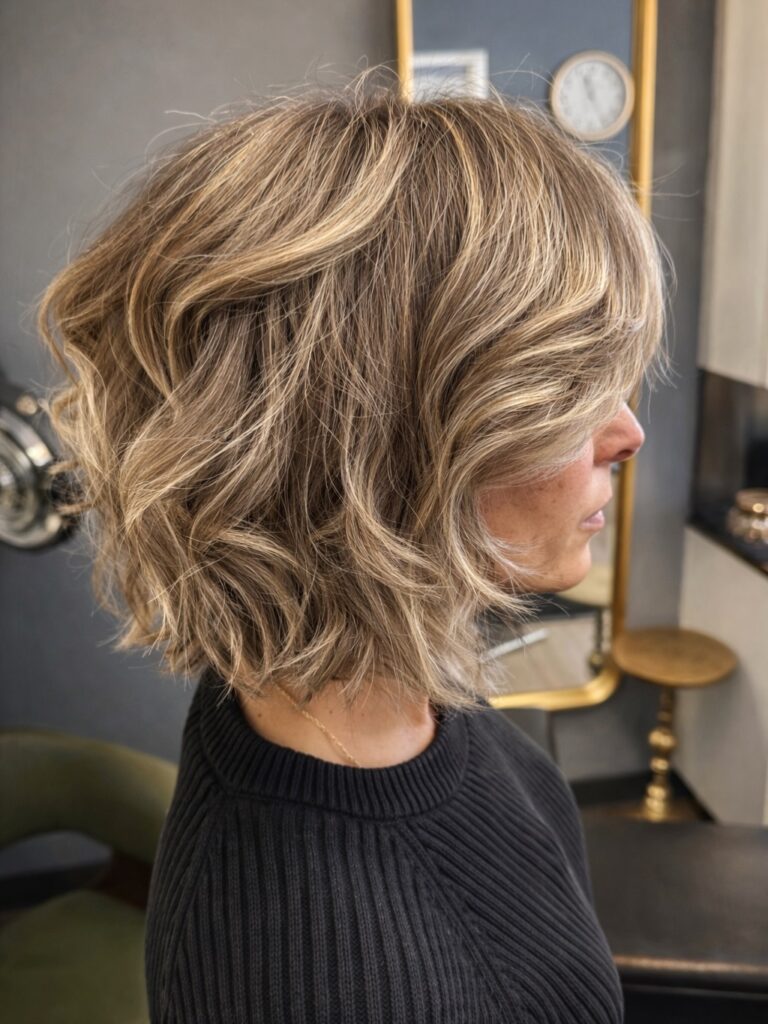 A woman with a shoulder-length toffee-blonde layered bob styled in messy beachy waves with sun-kissed highlights.