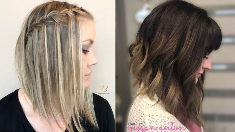 Two women showcase versatile hairstyles, featuring a sleek blonde waterfall braid on the left and a textured brunette lob with sun-kissed highlights and soft bangs on the right.