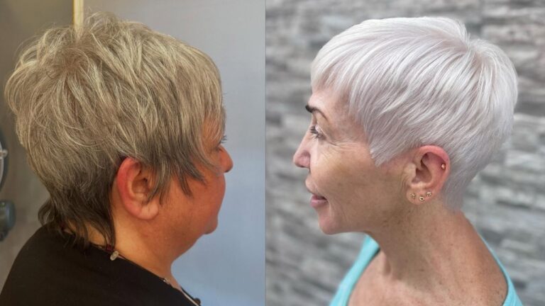 Two women display short, chic haircuts in a side profile, featuring a textured ash-blonde pixie with soft, wispy layers on the left and a sleek, platinum-white pixie cut with a clean, tapered finish on the right.