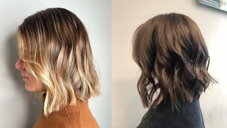 24 Trendy Choppy Bob Hairstyles For Fine Hair With Added Lift Side by side view of two chin length choppy bob hairstyles with soft waves and dimensional blonde and brunette highlights for added texture and lift.