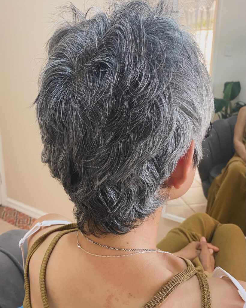 A woman over 60 seen from the back with a layered steel gray pixie cut featuring silver highlights and a soft tapered neckline.