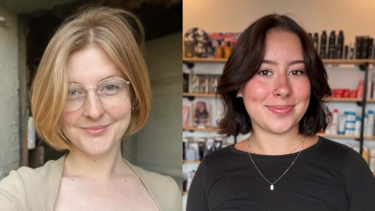 25 Lively Choppy Bob Hairstyles Jaw Length With Gentle Lift Two side-by-side photos showcasing jaw-length choppy bob hairstyles — one a smooth, straight blonde bob and the other a wavy, dark brunette bob with soft, tousled texture.