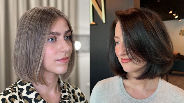 25 Sleek Choppy Bob Hairstyles Angled For Clean Lines A side-by-side comparison showing two choppy bob hairstyles — a sleek, straight ash-blonde blunt bob on the left and a voluminous dark brunette angled bob with soft, swept layers on the right.